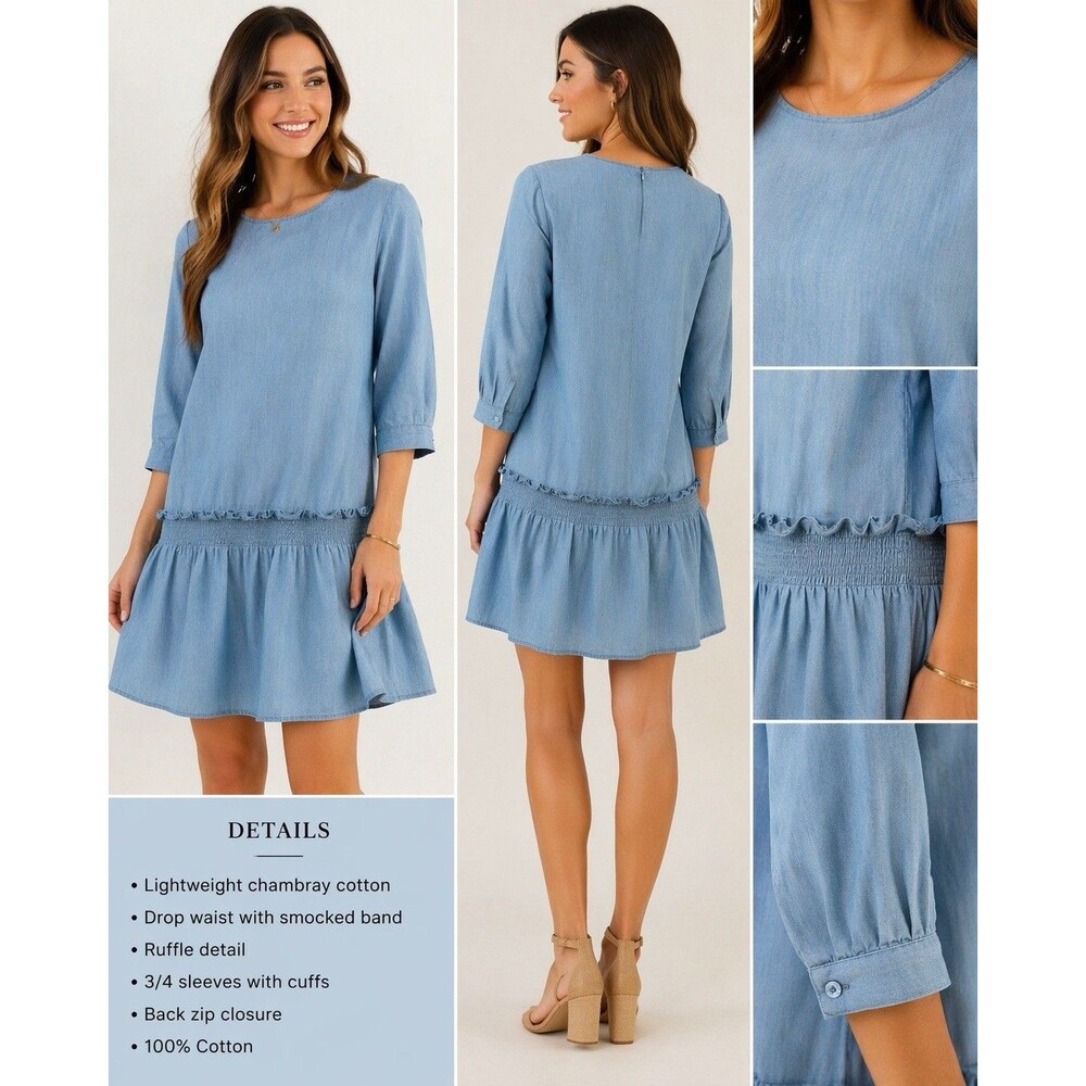Tweed Chambray Cotton Dress Drop Waist Smocked Tiered Blue Small